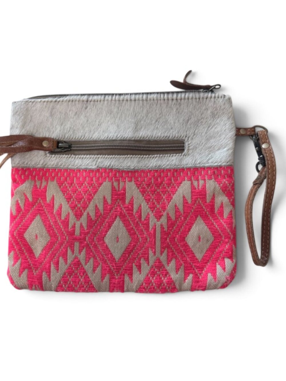 Myra Upcycled Boho Aztec, Canvas, Cowhide, Leather Wristlet